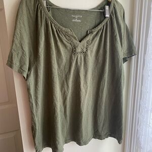 Talbots Olive 100% Cotton Women's Green Top Boho Casual 2X Short Sleeve Summer